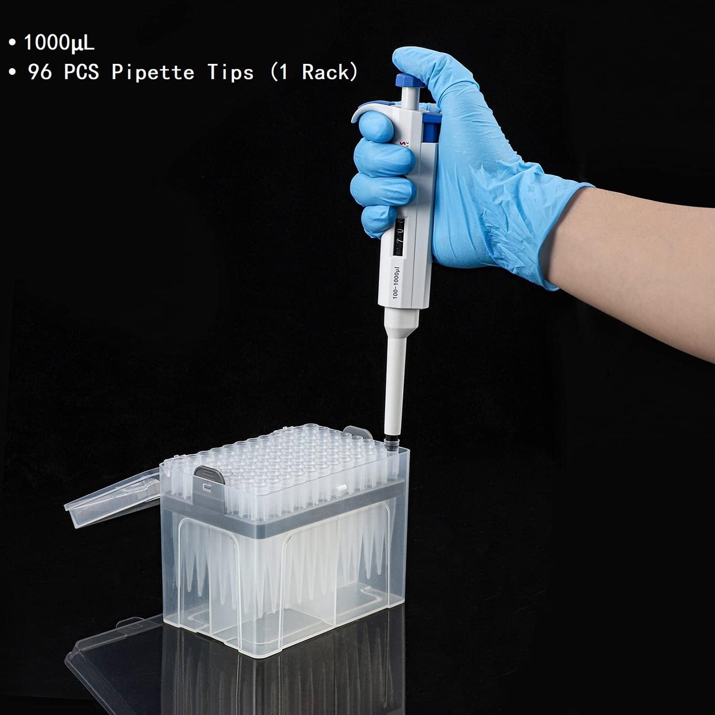 FOUR E'S SCIENTIFIC 1mL Pipette Tips - Universal 1000ul Sterile Pipette Tips Racked Non-pyrogenic DNAse/RNAse Free Autoclavable 1 Rack 96 Tips