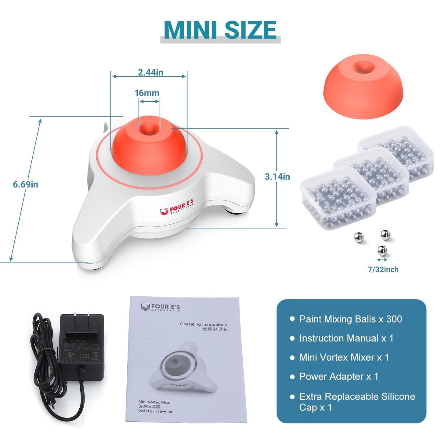 FOUR E'S SCIENTIFIC Vortex Mixer 5600rpm, Paint Mixer Touch Function, Mini Lab Vortex Shaker with an Extra Silicone Cap for Acrylic Miniature Model Paints Nail Polish Ink