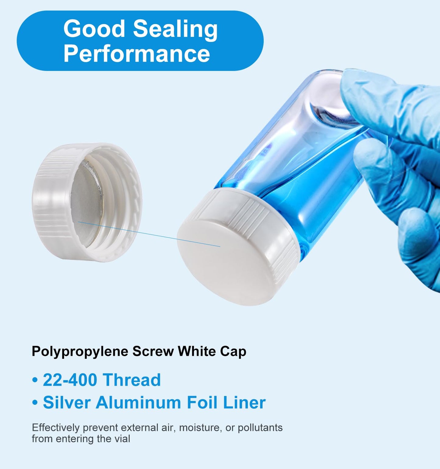 FOUR E'S SCIENTIFIC 20 ML Scintillation Vials, 100 PCS Lab Borosilicate Glass Liquid Scintillation Vials, 22-400 White Screw Cap with Silver Aluminum Foil Liner