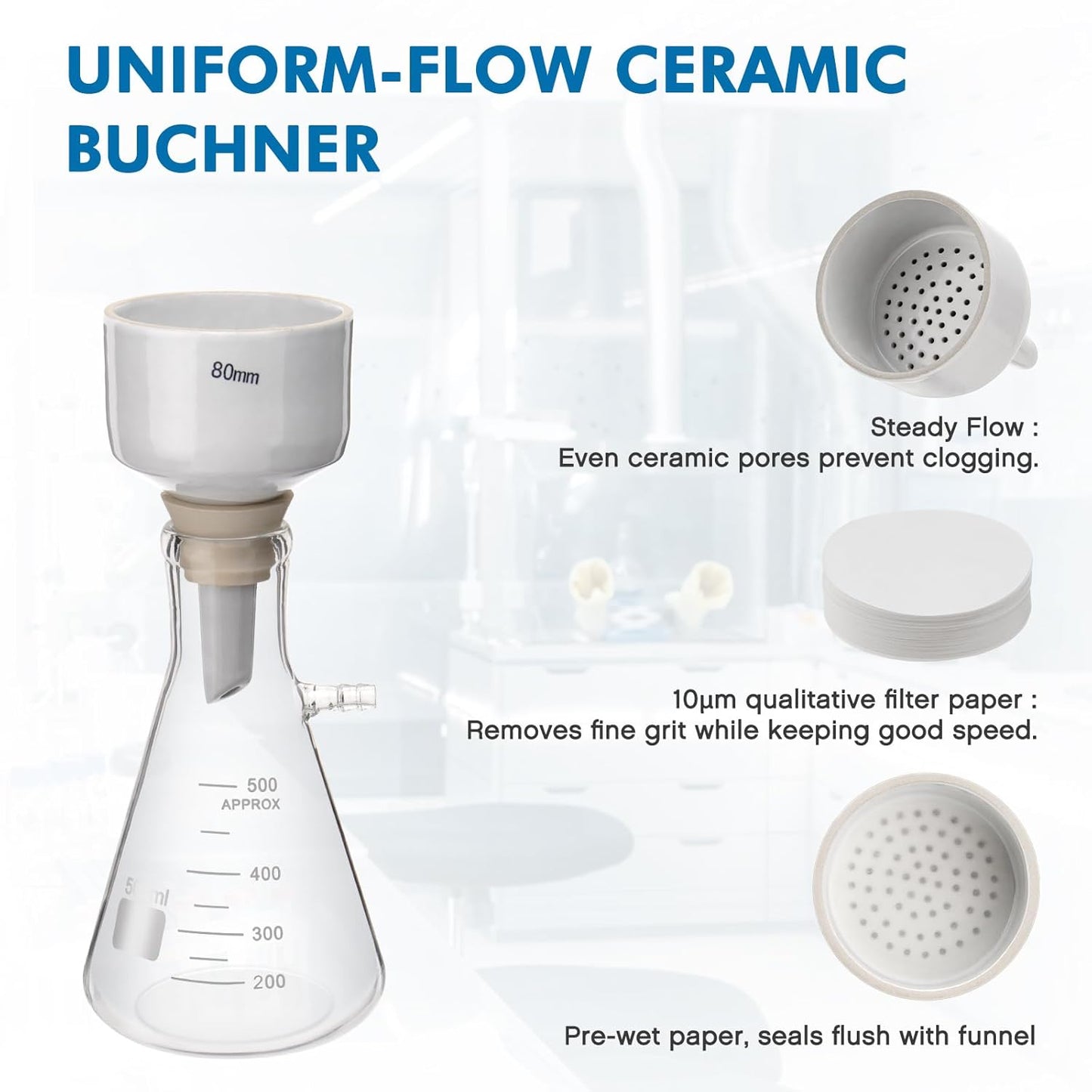 FOUR E'S SCIENTIFIC 500mL Buchner Funnel Filtering Kit with Hand-held Vacuum Pump, 500mL Lab Vacuum Flask, 100 Pcs Filter Paper, Rubber Stoppers Set