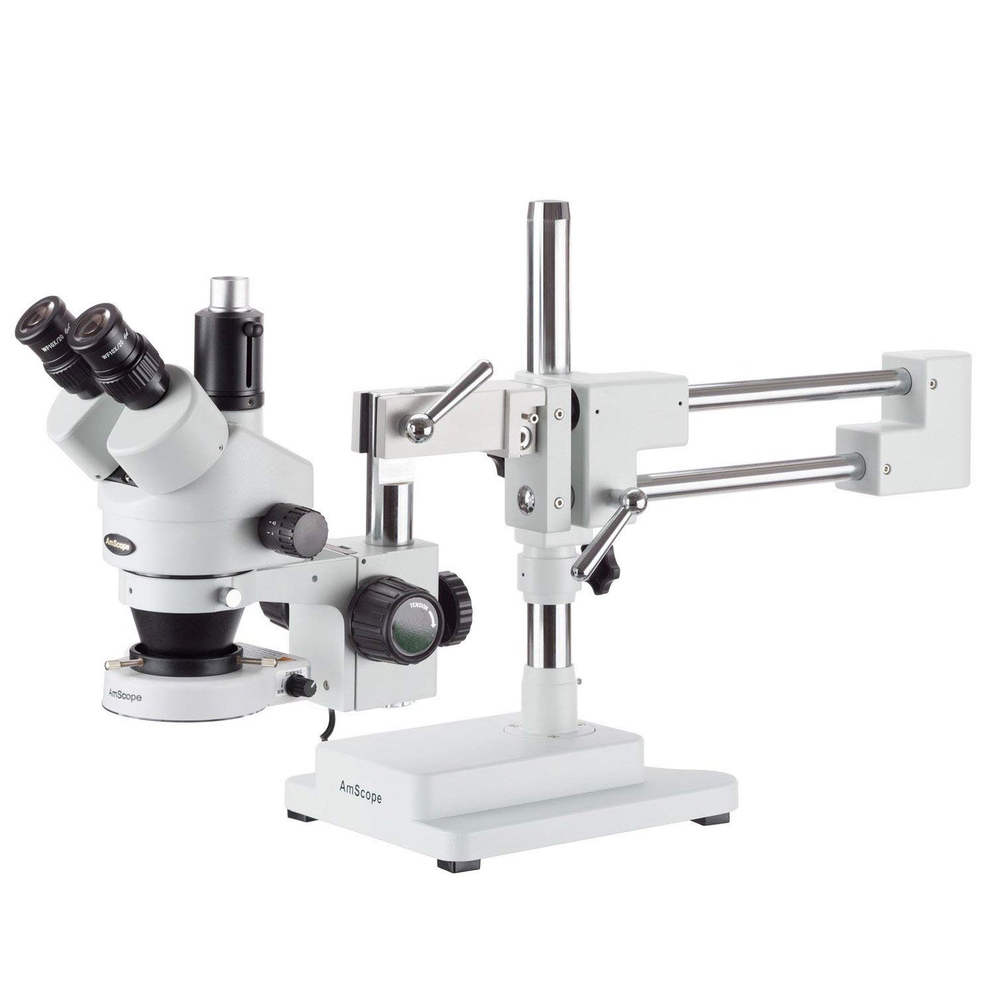 AmScope SM-4TZ-144A Professional Trinocular Stereo Zoom Microscope, WH10x Eyepieces, 3.5X-90X Magnification, 0.7X-4.5X Zoom Objective, Four-Zone LED Ring Light, Double-Arm Boom Stand, 110V-240V, Includes 0.5X and 2.0X Barlow Lens
