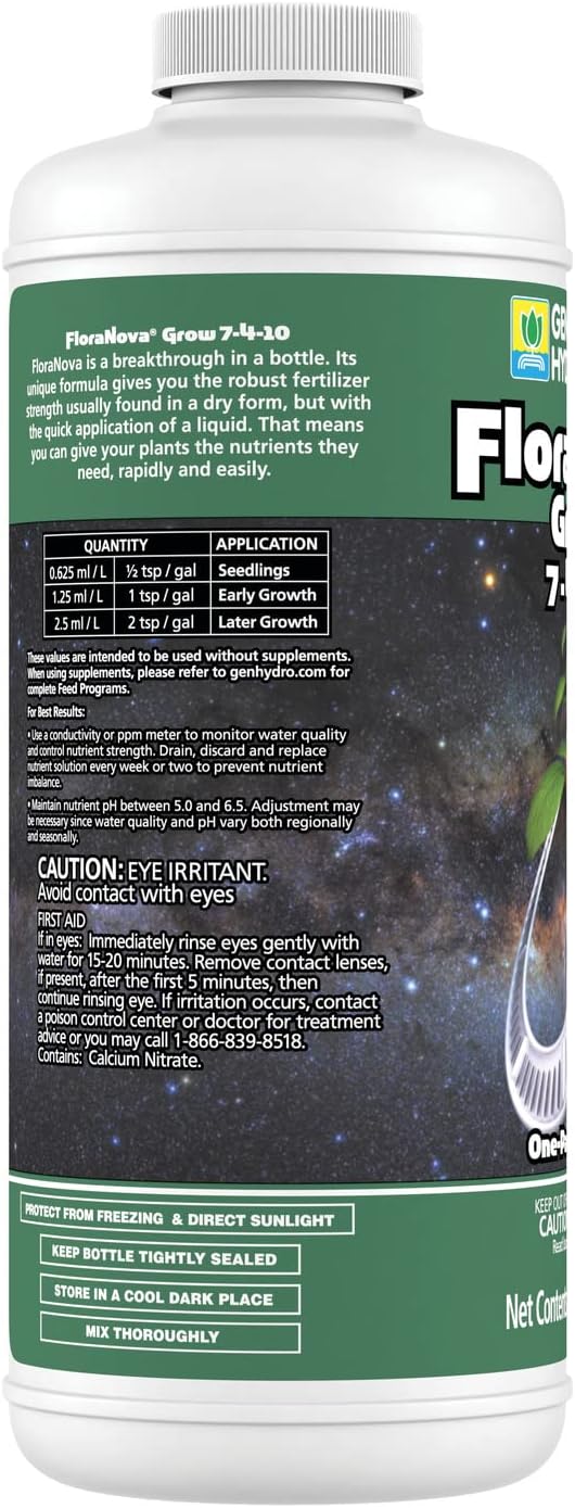 General Hydroponics FloraNova Grow 7-4-10, Robust Strength of Dry Fertilizer But in Rapid Liquid Form, Use for Hydroponics, Soilless Mixtures, Containers & Garden Grown Plants, 1-Quart