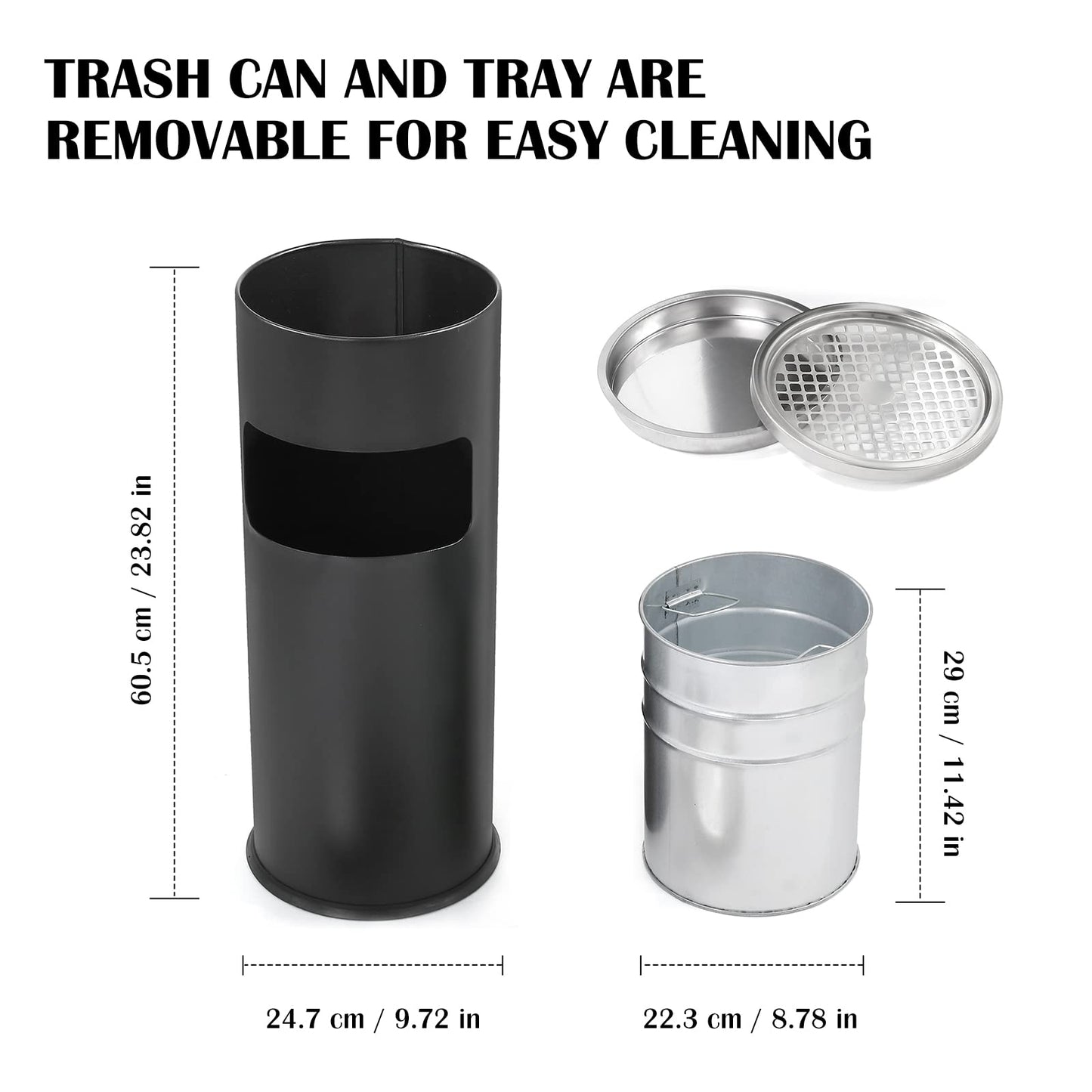 Trash Can Outdoor Waste Container Square Stainless Steel Trash Can with Removable Inner Bucket for Disposal Commercial Waste Container 9.45‘’ x 9.45‘’ x 24.02‘’-Black