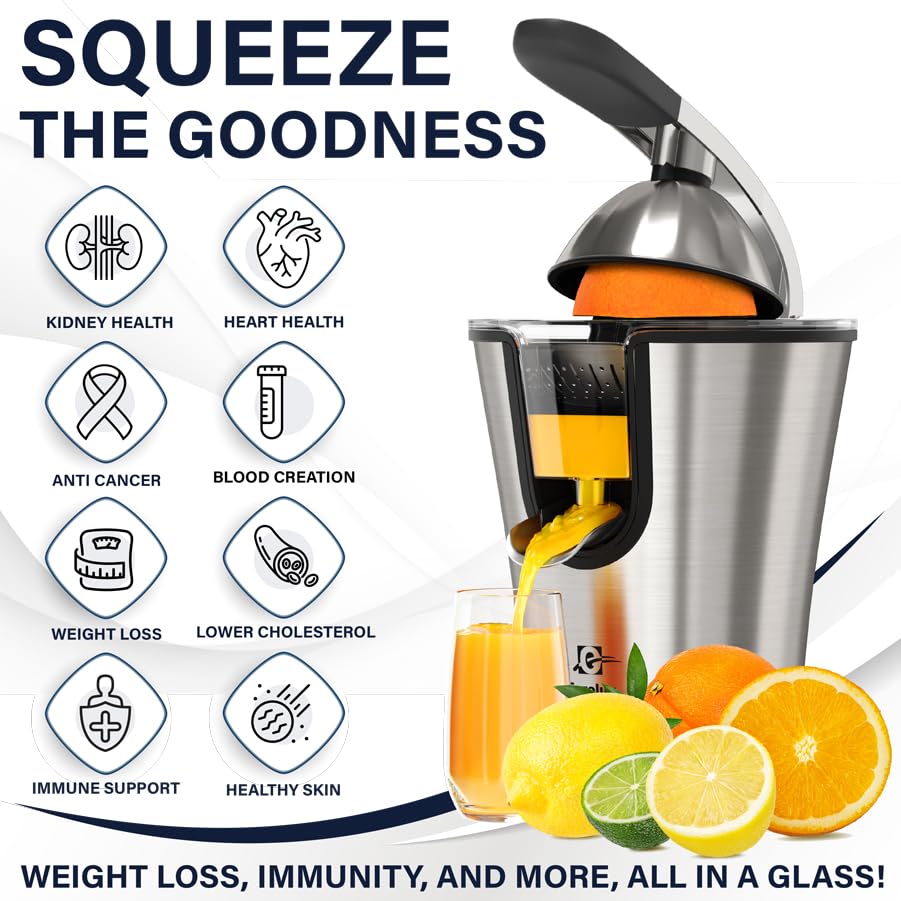 Eurolux Premium Electric Orange Juicer | Stainless Steel Citrus Squeezer With New Ultra-Powerful Motor and Soft Grip Handle for Effortless Juicing, Auto Shutoff, Dishwasher-safe Parts, Pulp Control