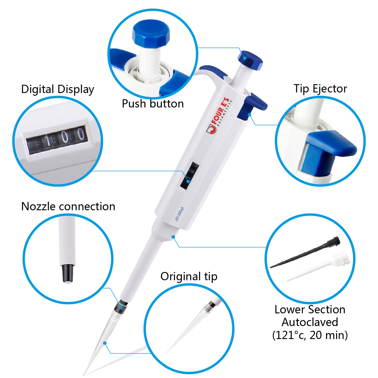 FOUR E'S SCIENTIFIC 1-10ML Single-Channel Pipettor Adjustable Variable Volume Micropipette High Accurate Pipettor for Laboratory