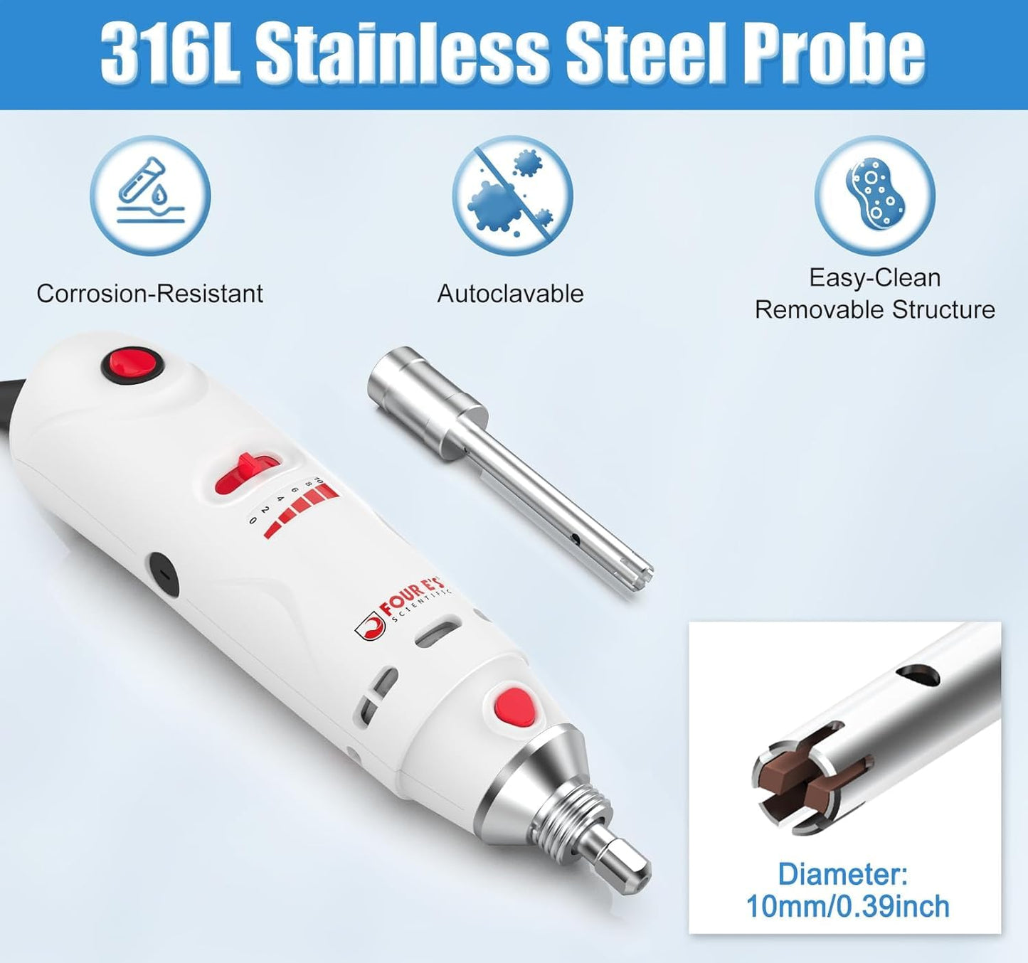 FOUR E'S SCIENTIFIC Lab Homogenizer 8000-30000rpm with Stand, High-Speed Handheld Homogenizer Emulsifier with 10mm 316L Stainless Steel Probe 1mL-250mL