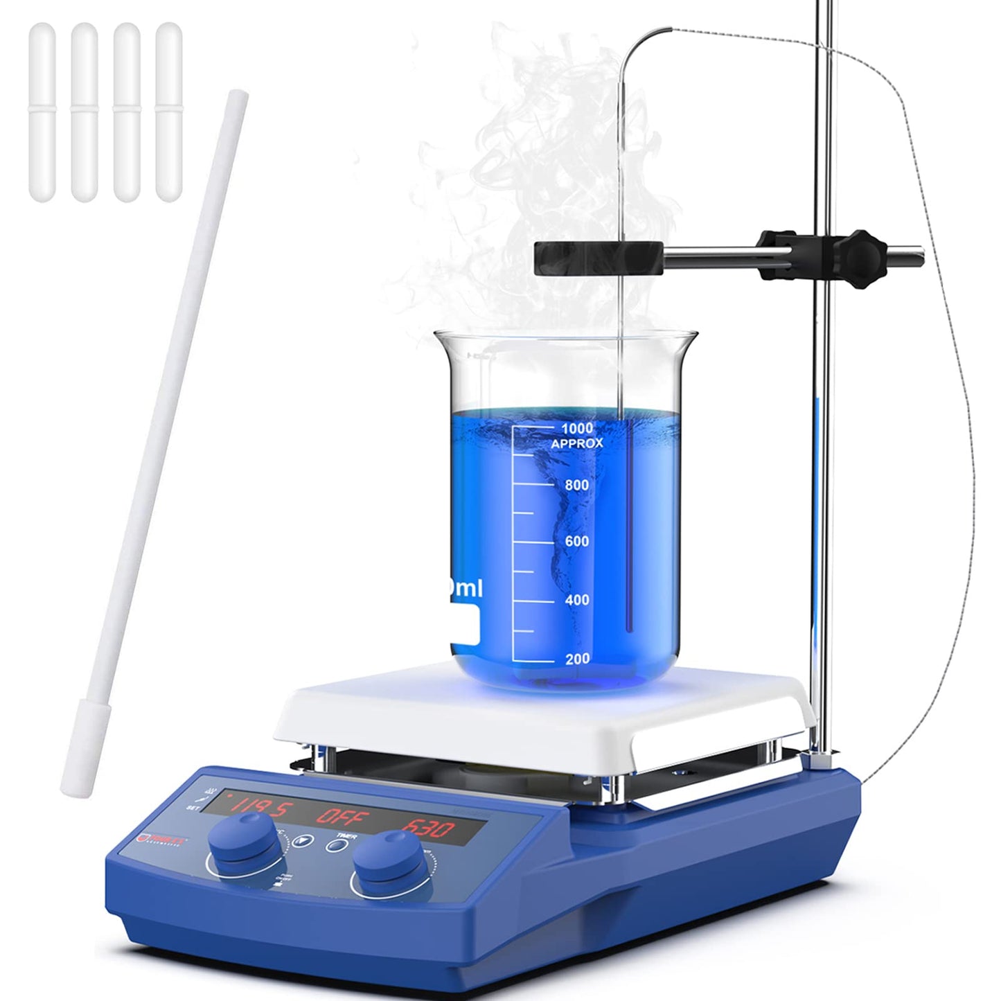 FOUR E'S SCIENTIFIC 510℃/950°F 7 Inch Magnetic Stirrer Hot Plate with Timer Function, 50-1500RPM, Max 20L Stirring Capacity, with Stand, Stir Bar Retriever, Temp Probe Sensor, 4pcs Stir Bars, 110V