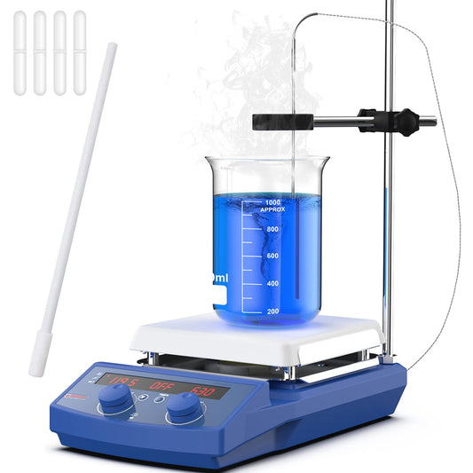 FOUR E'S SCIENTIFIC 510℃/950°F 7 Inch Magnetic Stirrer Hot Plate with Timer Function, 50-1500RPM, Max 20L Stirring Capacity, with Stand, Stir Bar Retriever, Temp Probe Sensor, 4pcs Stir Bars, 110V