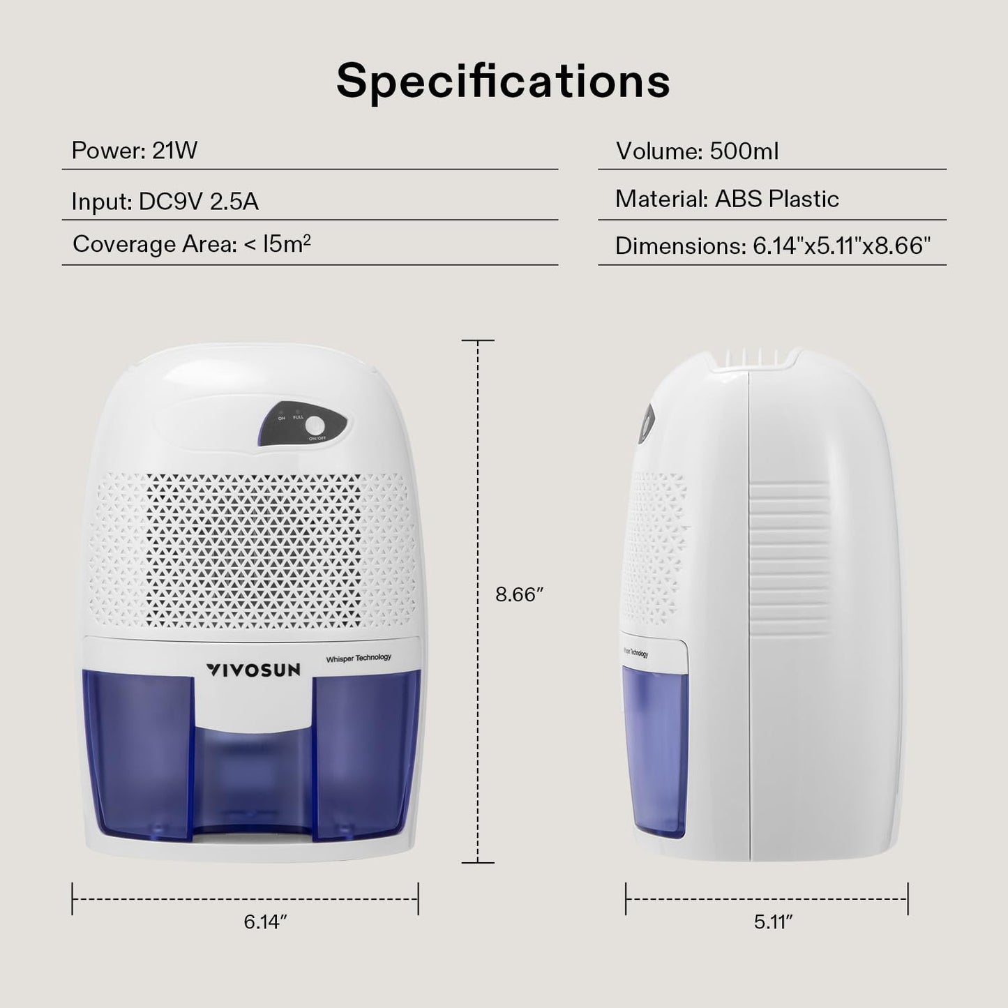 VIVOSUN Electric Mini Dehumidifier, Ultra-Quiet Auto Defrost Dehumidifier with Timer, 2200ML Water Tank and Drain Hose for Basement or Closets, Bedrooms, Showers, and Other Small Rooms