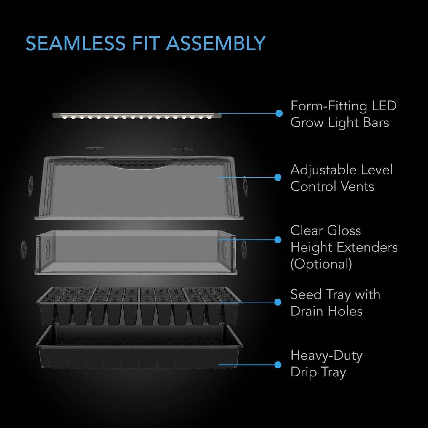 AC Infinity Heavy Duty 3mm Thick Humidity Dome Germination Kit with Waterproof Seedling Mat, Dimmable LED Grow Light Bars, Vented Height Extensions for Indoor Gardening, Seed Starting, Plant Cloning