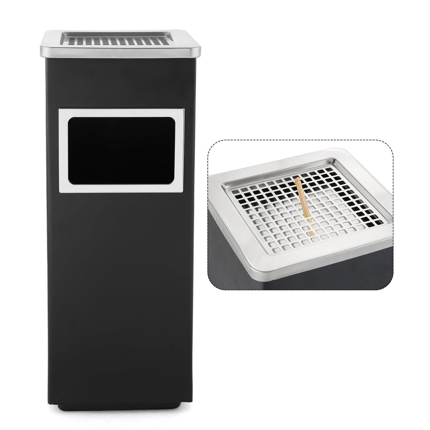 Trash Can Outdoor Waste Container Square Stainless Steel Trash Can with Removable Inner Bucket for Disposal Commercial Waste Container 9.45‘’ x 9.45‘’ x 24.02‘’-Black