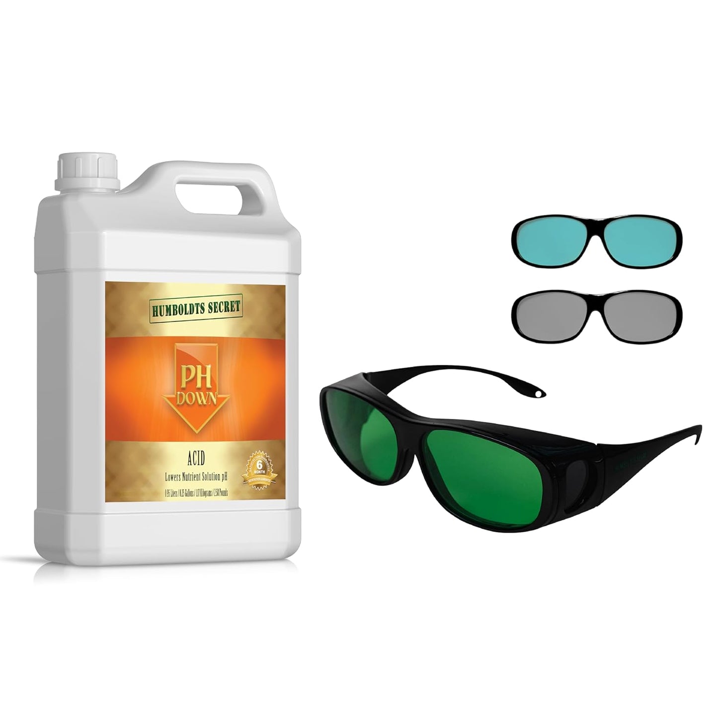 Humboldts Secret pH Down | Liquid pH Plant Balancer for Soil & Hydroponics Growing System (1 Gal) w/Grow Room Glasses | Interchangeable Magnetic Sunglasses with UVA/UVB Blocking Protection