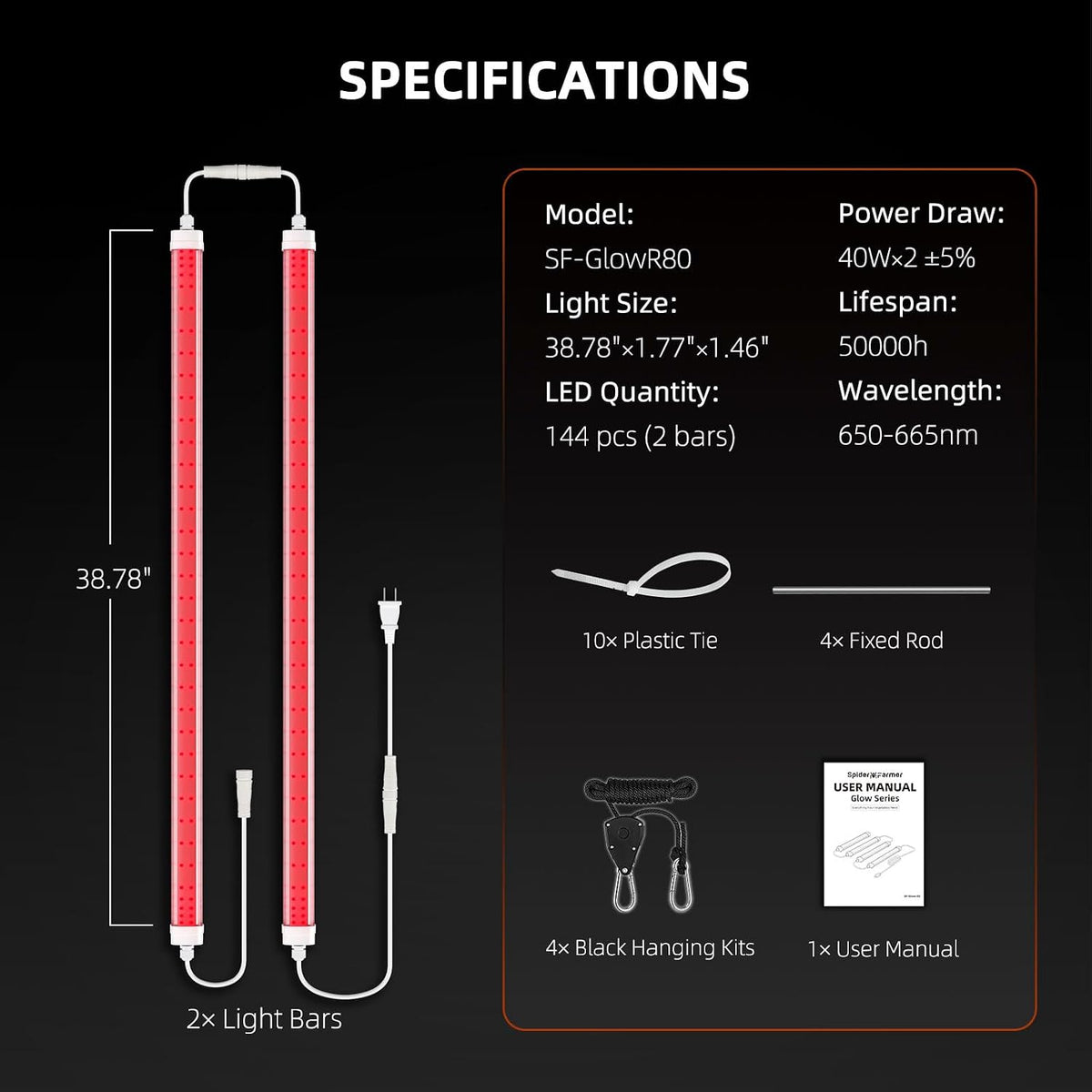 Spider Farmer LED Plant Grow Light GlowR80, 3.2ft Deep Red Supplemental Lighting Bar for Indoor Plants