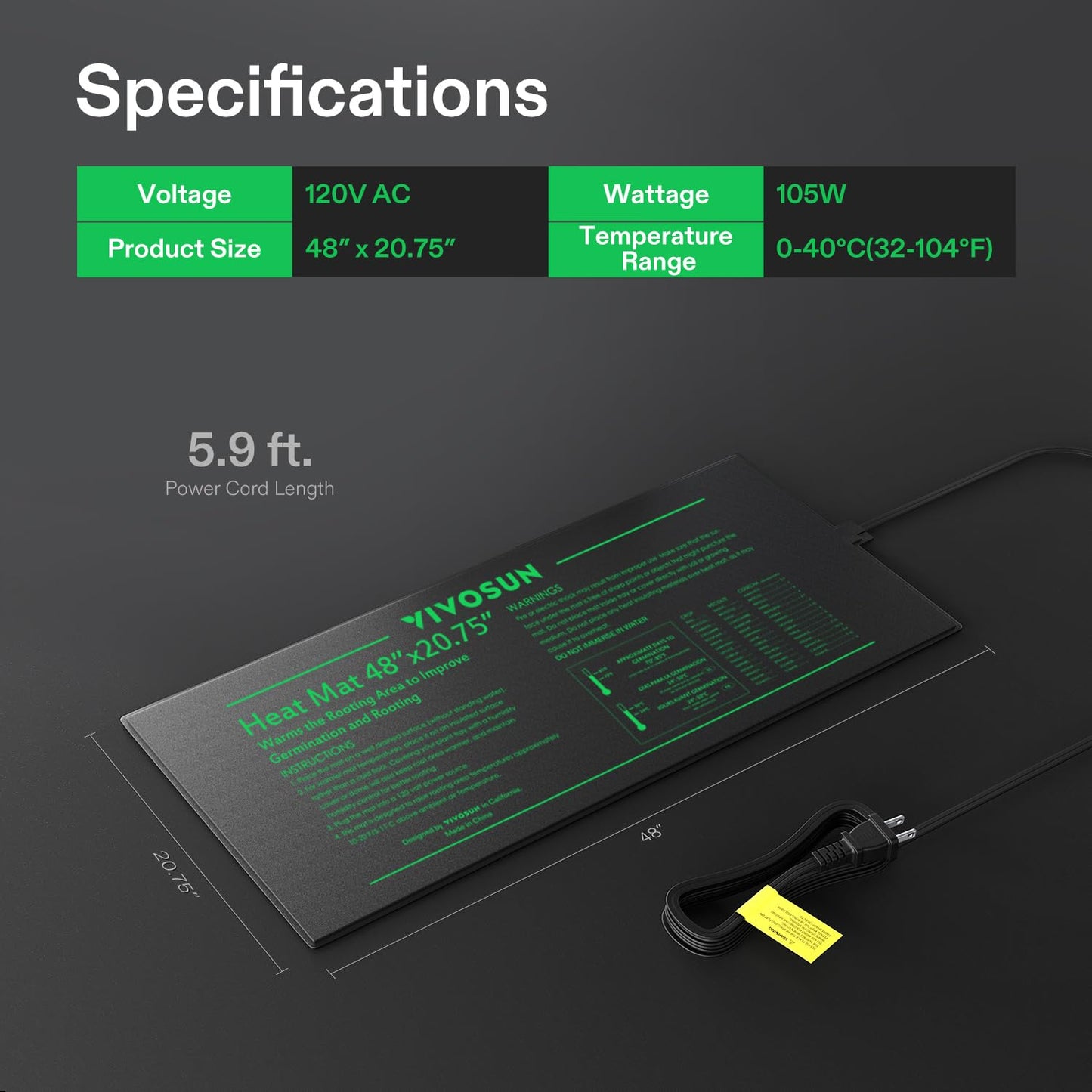 VIVOSUN Durable Waterproof Seedling Heat Mat 10" x 20.75" UL & MET-Certified Warm Hydroponic Heating Pad for Germination, Indoor Gardening, Greenhouse