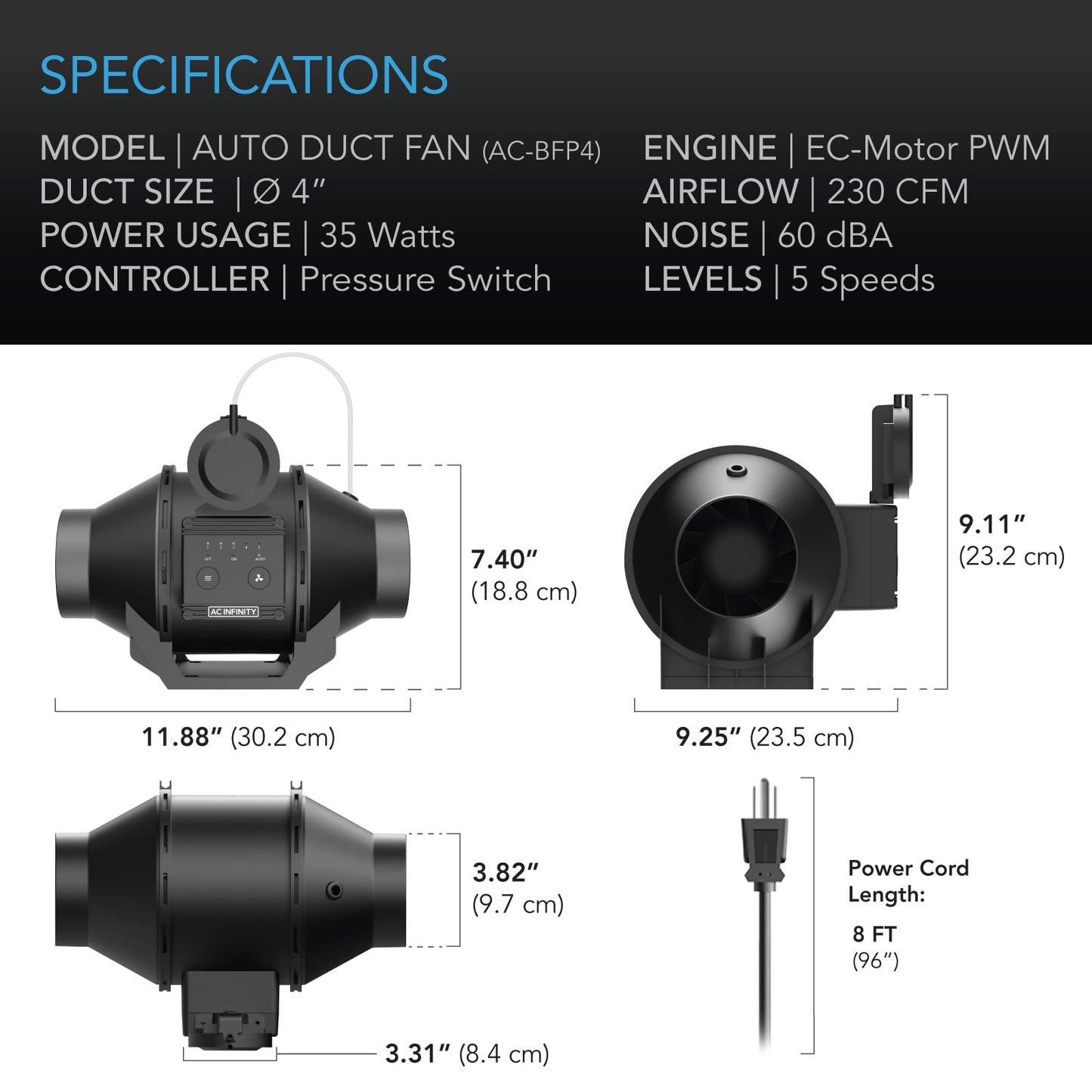 AC Infinity Automatic Duct Fan 4", Inline Fan with Differential Fan Pressure Switch, Air Vent Booster Fan for Industrial HVAC Ducting Ventilation Exhaust Systems