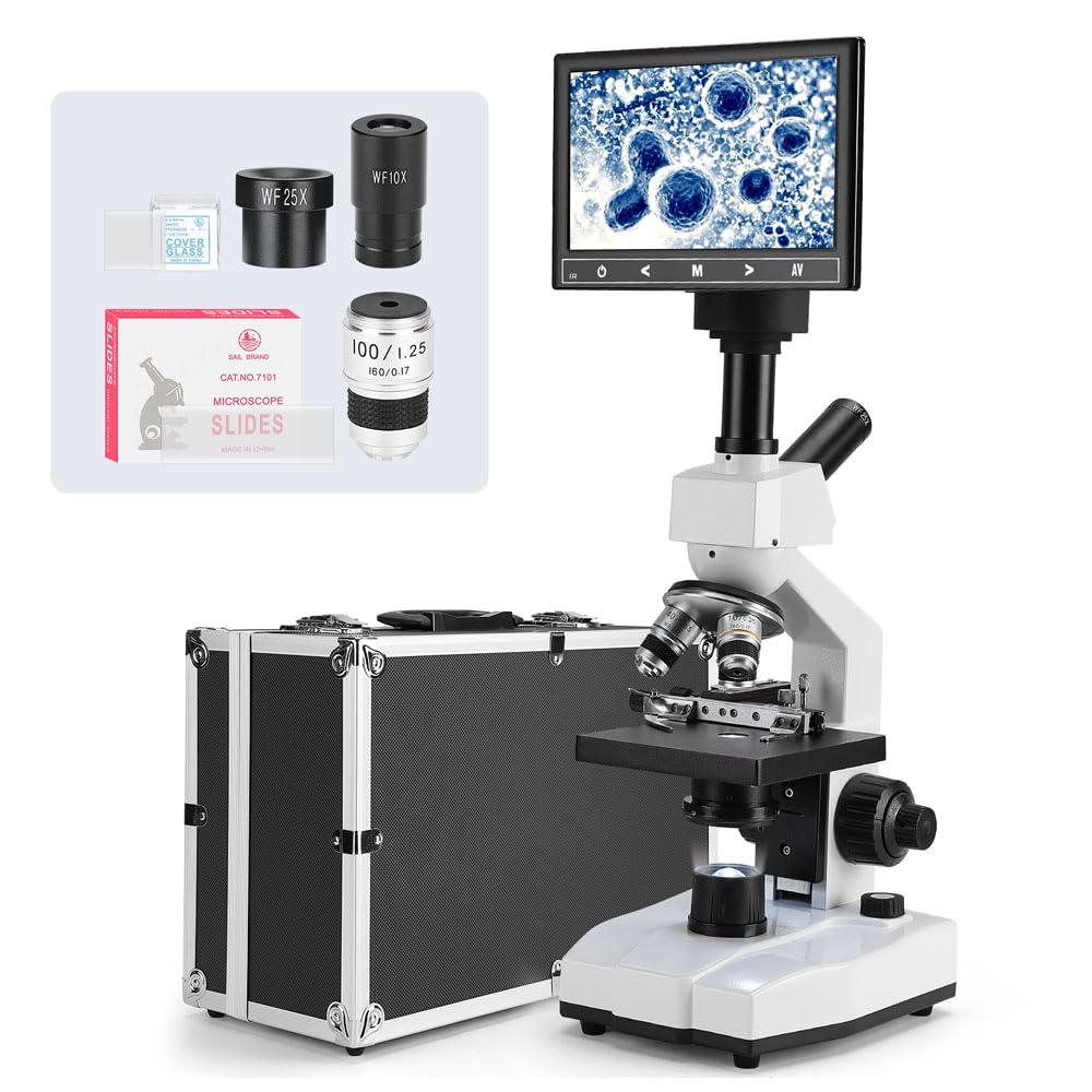 [Blood Version] Vabiooth Dual-View Compound Monocular Microscope 40X-2500X Magnification with 7" LCD Screen 5MP E-Eyepiece, Adjustable Mechanical Stage, Aluminum Carry Box for observing Live Blood