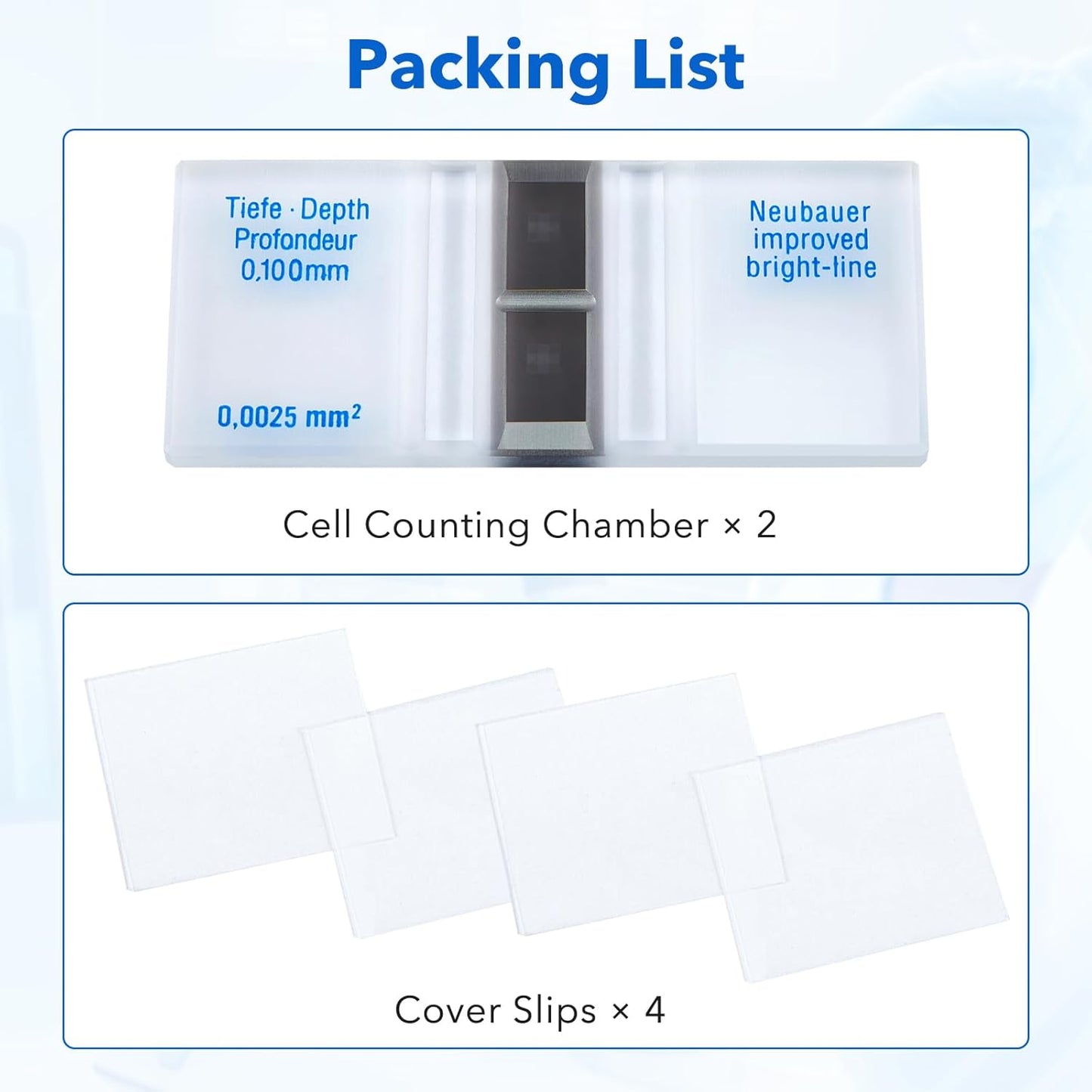 FOUR E'S SCIENTIFIC 2 Pack Improved Neubauer Hemocytometer, Cell Counting Chamber with Bright Line, 4 Pcs Glass Cover Slips