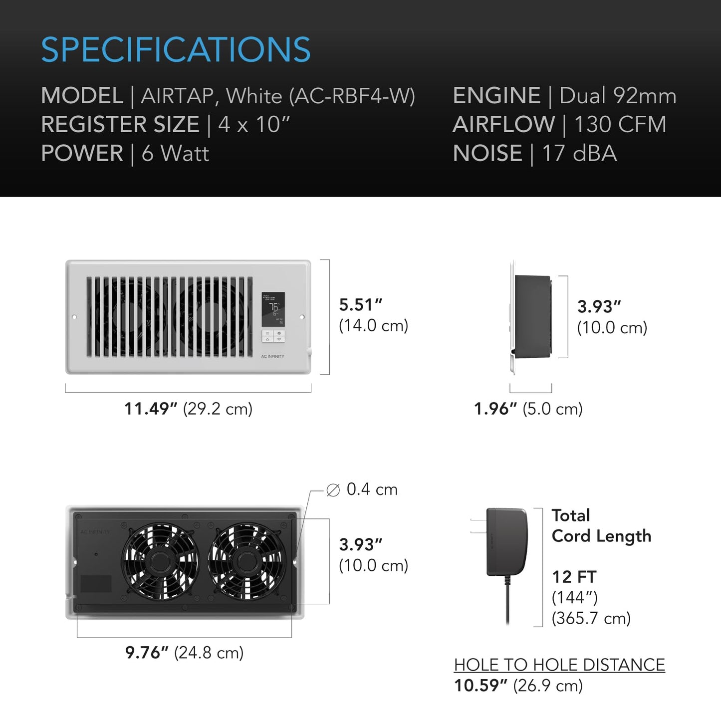 AC Infinity AIRTAP T4 White, Register Booster Fan for 4” x 10” Register Holes, Improves Heating & Cooling Vents, Quiet 10-Speeds, Bluetooth App Control Data Alerts. ONLY FITS 4” x 10” Duct Openings
