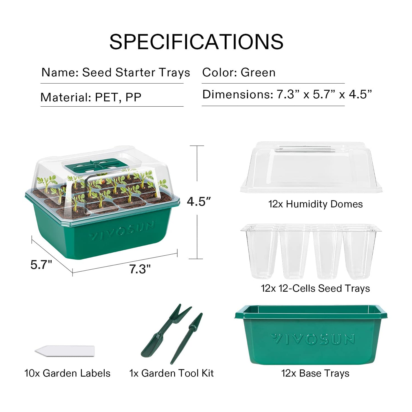 VIVOSUN 6-Pack Seed Starter Trays, 72-Cell Seed Starter Kit with Humidity Dome, Flat Reusable Plant Germination Trays with Drain Hole, Green Propagation Tray for Planting Seeds