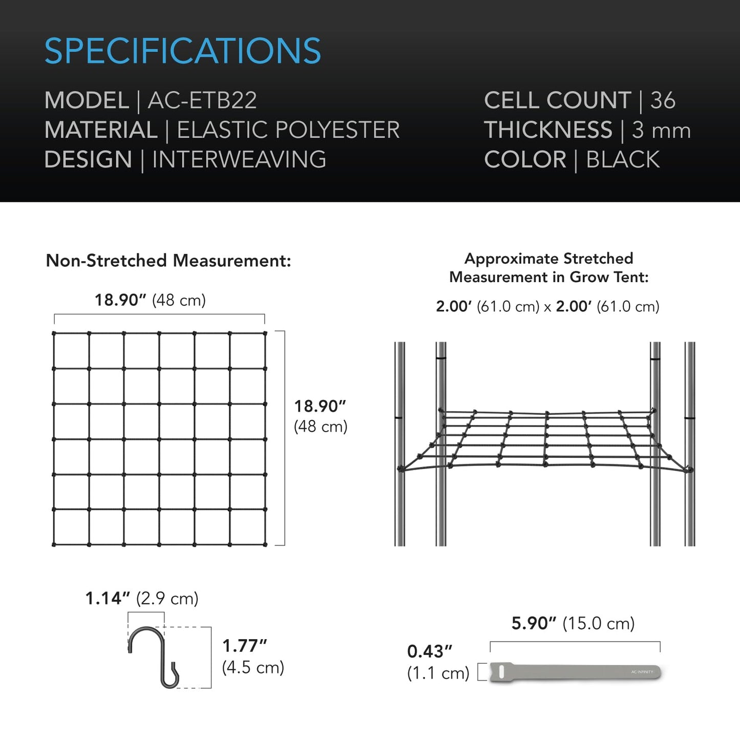 AC Infinity Grow Tent Trellis Netting 4x4', Heavy-Duty Elastic Plant Net with Steel Hooks, Flexible Hydroponics Support for Grow Tents, Gardening, and Horticulture