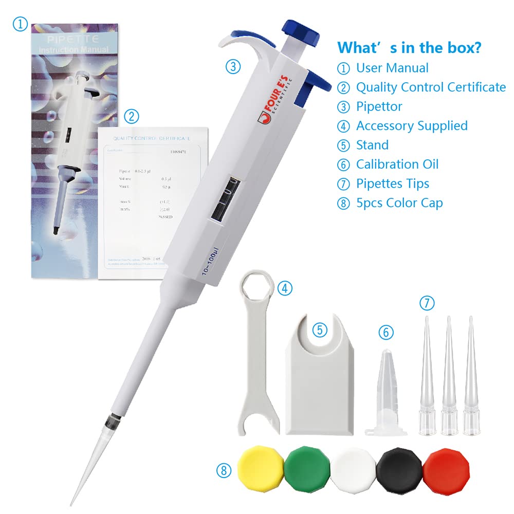 FOUR E'S SCIENTIFIC 100uL-1000uL High-Accurate Single-Channel Manual Adjustable Variable Volume Pipettes