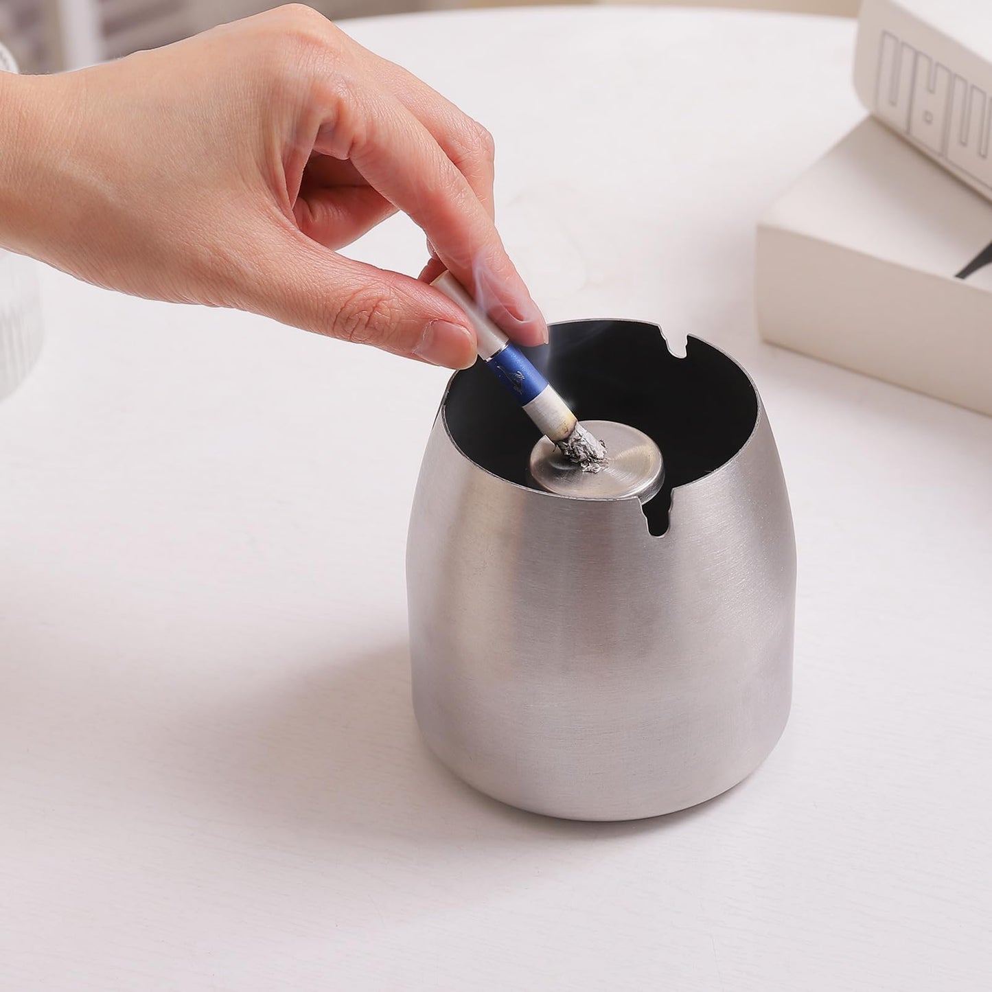 Ashtray with Lid for Cigarette, Stainless Steel Smokeless Odorless Windproof Ashtrays for Home Office Tabletop Outside Patio Outdoor Balcony(3.54"x3.0"x3.38")