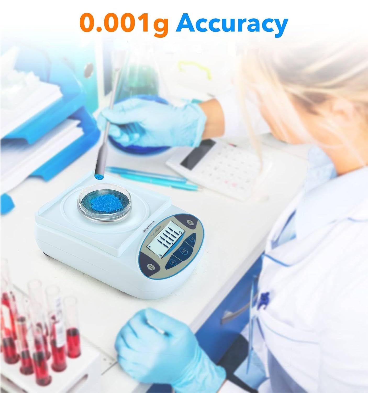 FOUR E'S SCIENTIFIC Lab Scale 450g x 0.001g Accuracy with Windshield, Laboratory Analytical Balance Precision Scientific Scale with 200g Calibration Weight