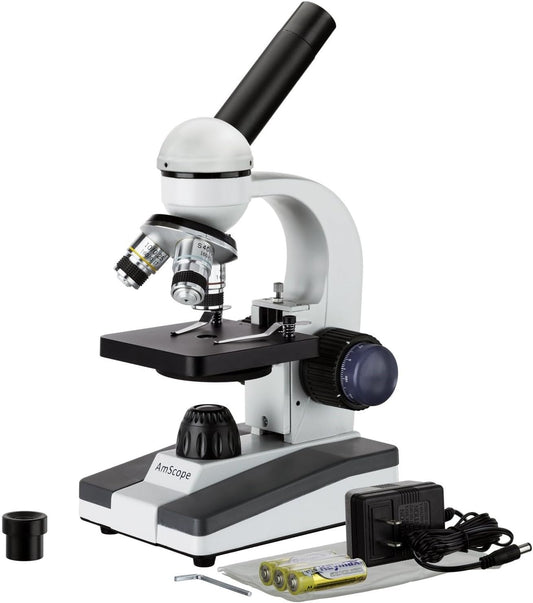 AmScope M150 Series Portable LED Monocular Student Compound Microscope - 40X-1000X Magnification - Microscope Kit Includes Dust Cover, 2 Clips & 2 Eyepieces