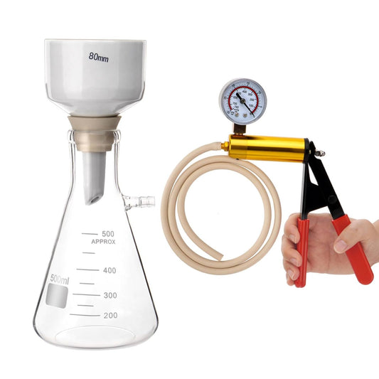 FOUR E'S SCIENTIFIC 500mL Buchner Funnel Filtering Kit with Hand-held Vacuum Pump, 500mL Lab Vacuum Flask, 100 Pcs Filter Paper, Rubber Stoppers Set