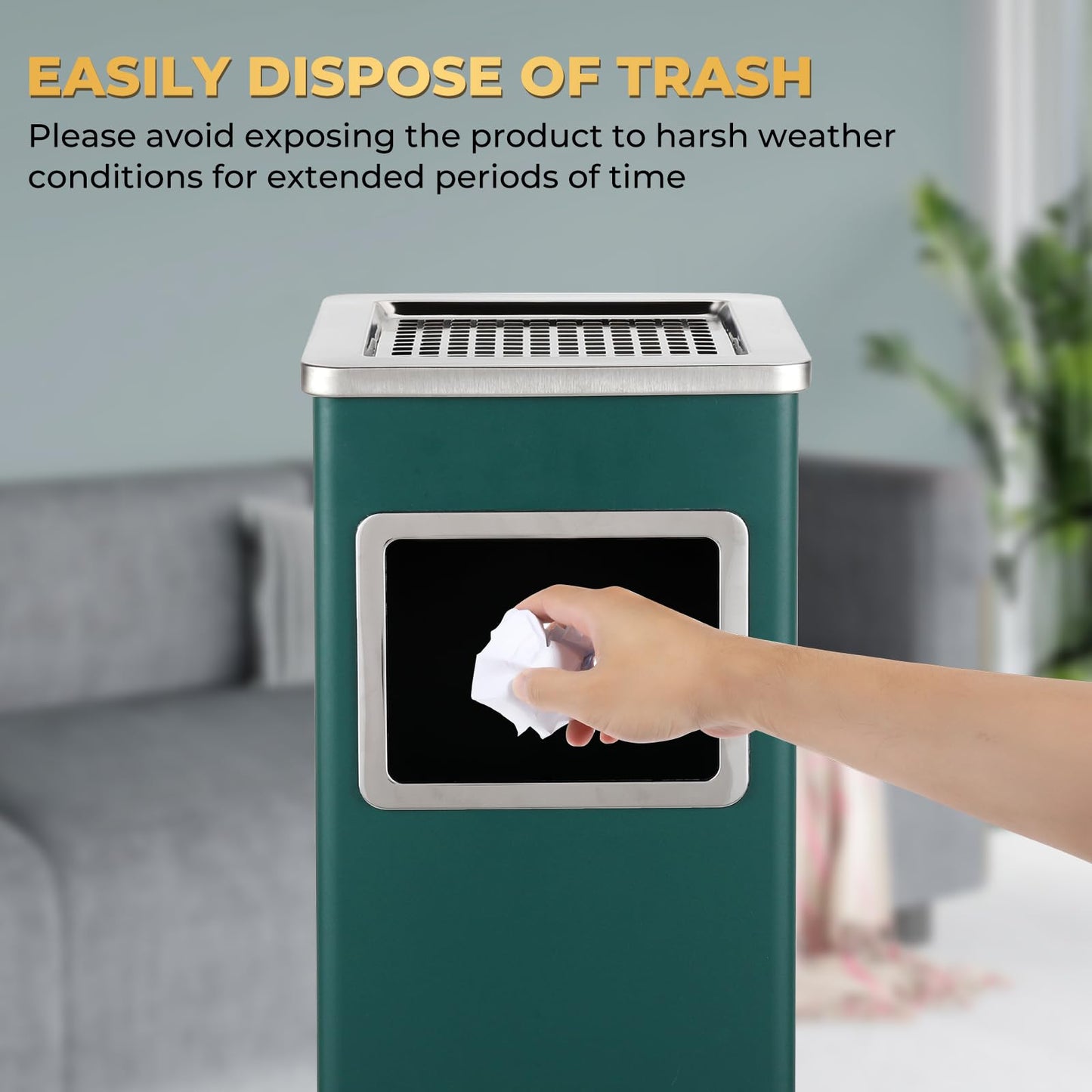 Trash Can Outdoor Waste Container Square Stainless Steel Trash Can with Removable Inner Bucket for Disposal Commercial Waste Container 9.45‘’ x 9.45‘’ x 24.02‘’-Black