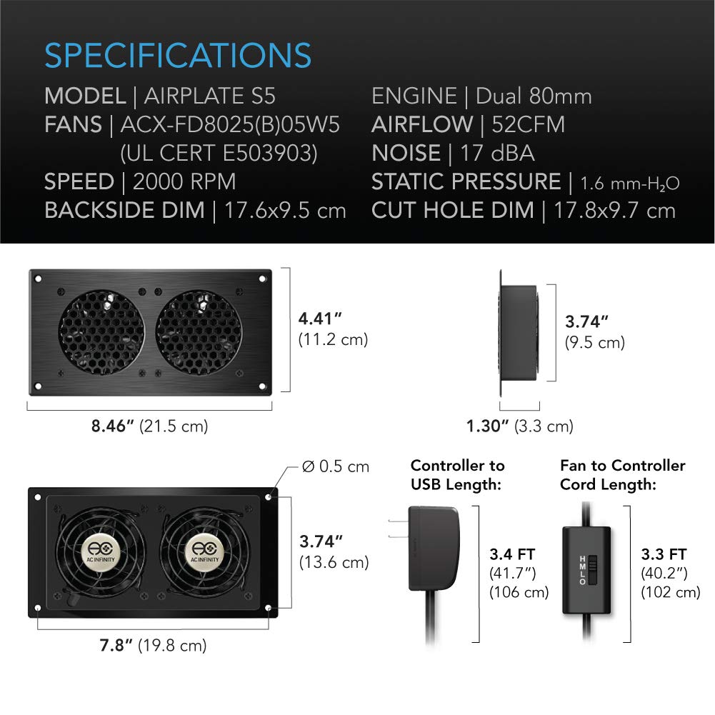 AC Infinity AIRPLATE S5, Quiet Cooling Fan System 8" with Speed Control, for Home Theater AV Cabinets