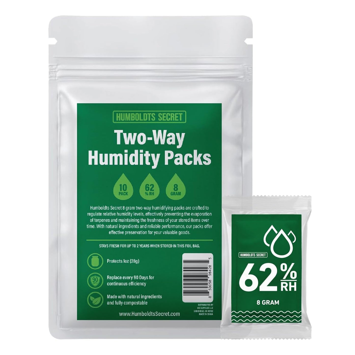 Humboldts Secret 62% Humidity Packs RH 2-Way | Moisture Control Packets for Herbs, Spices, and Cigars with Resealable Bag | Natural Two Way Humidity Control for Fresh Storage | Pack of 10
