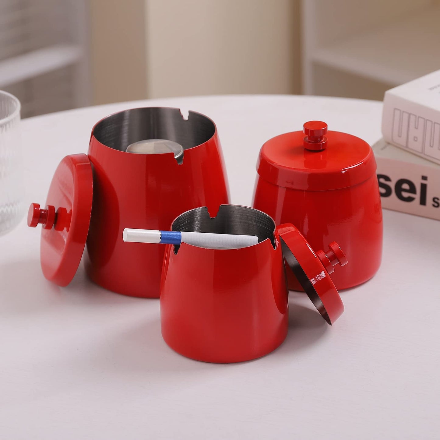 Ashtray with Lid for Cigarette, Stainless Steel Smokeless Odorless Windproof Ashtrays for Home Office Tabletop Outside Patio Outdoor Balcony(3.54"x3.0"x3.38")