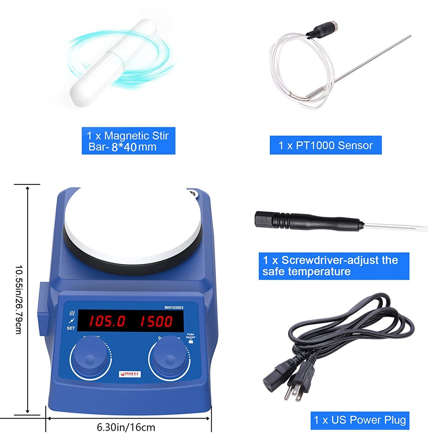FOUR E'S SCIENTIFIC 5 Inch Magnetic Stirrer Hot Plate Max Temp 280℃/536°F | Max 5L Stirring Capacity | 100-1500RPM | 110V | Laboratory Hot Plate with Temp Probe Sensor & Stir Bar (Not Include Stand）