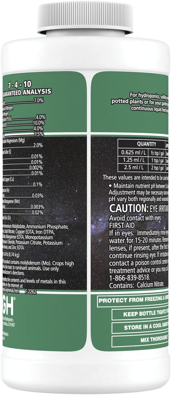 General Hydroponics FloraNova Grow 7-4-10, Robust Strength of Dry Fertilizer But in Rapid Liquid Form, Use for Hydroponics, Soilless Mixtures, Containers & Garden Grown Plants, 1-Quart