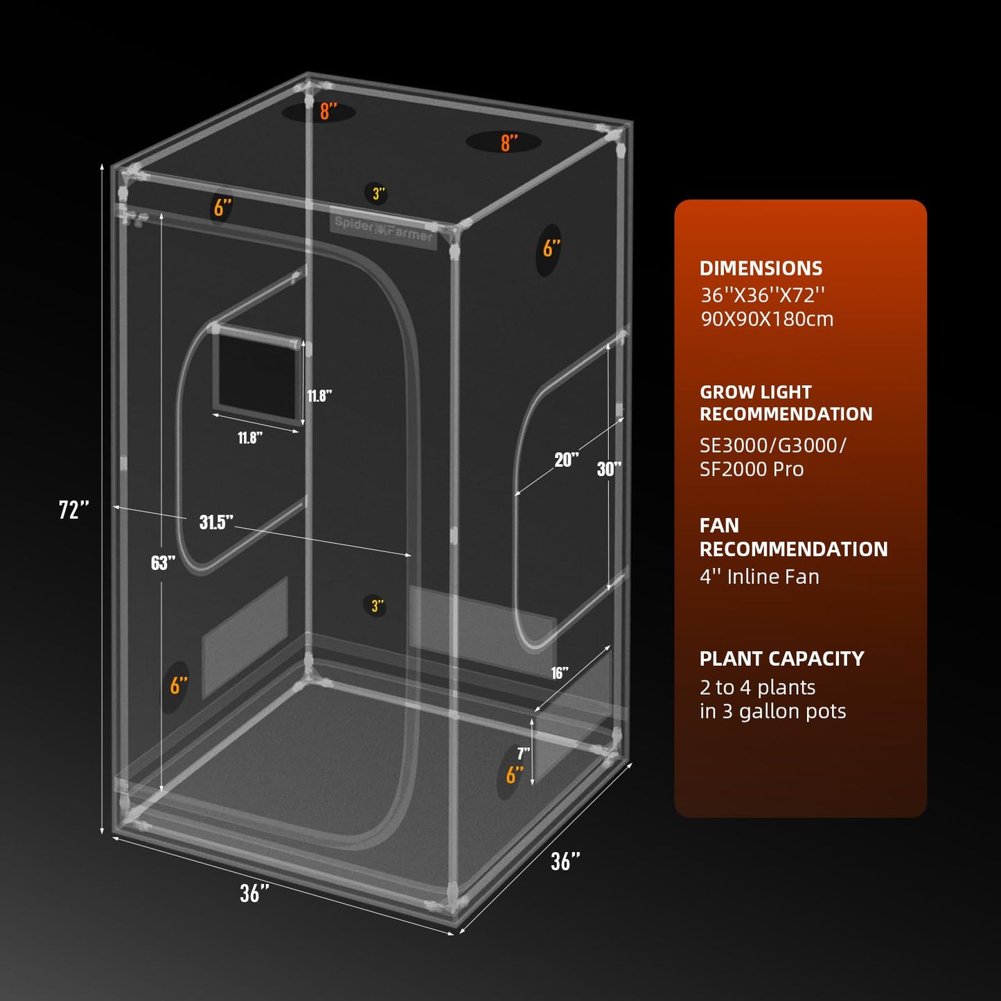 Spider Farmer 3x3x6 Pro-Grade Grow Tent, 36"x36"x70", with Observation Window and Floor Tray, 1680D Thicken Mylar Canvas Hydroponic Grow Tent, 3x3 for Indoor Growing for SF4000/SE3000