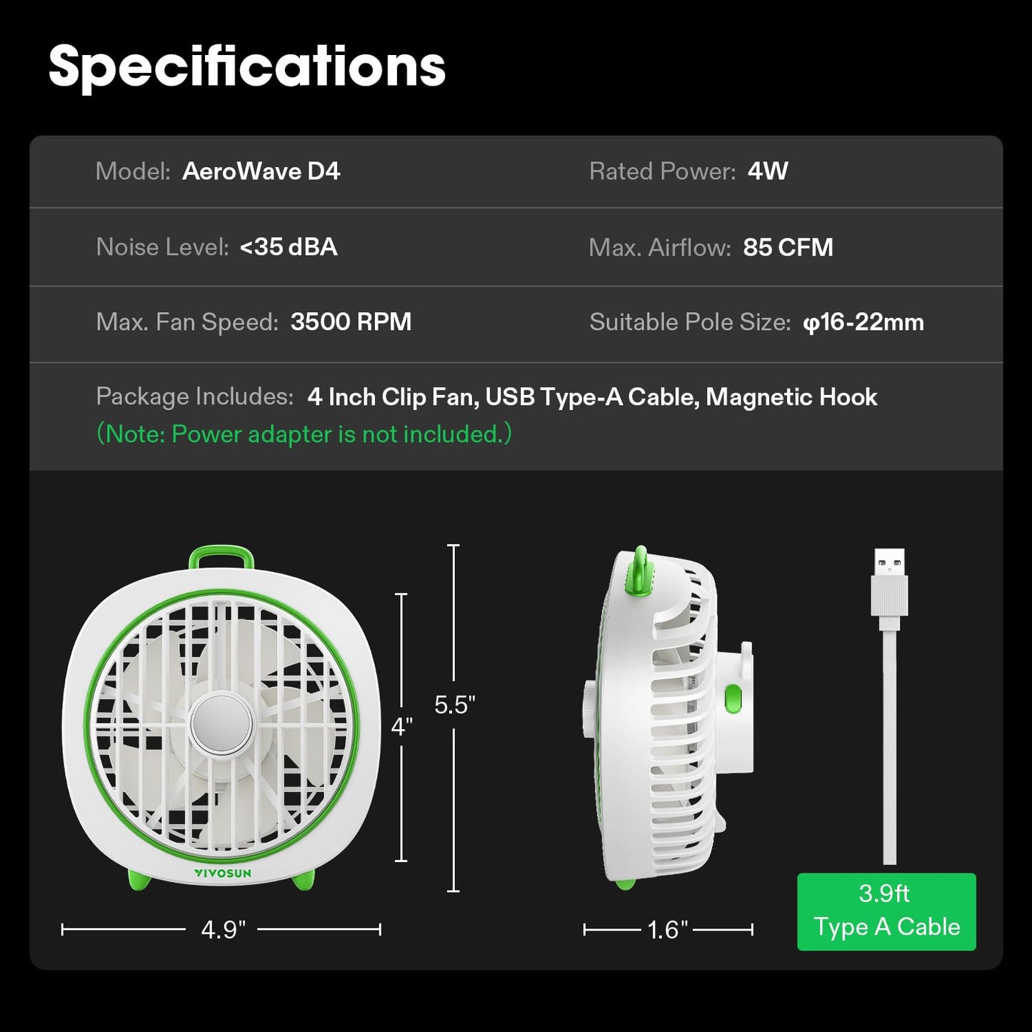 VIVOSUN AeroWave D4, 4” Grow Tent Clip Fan with Detachable Hook, 3-Speed Strong & Quiet Airflow, Adjustable Airflow Angle for Hydroponics, Circulation & Cooling, Black, 2-Pack