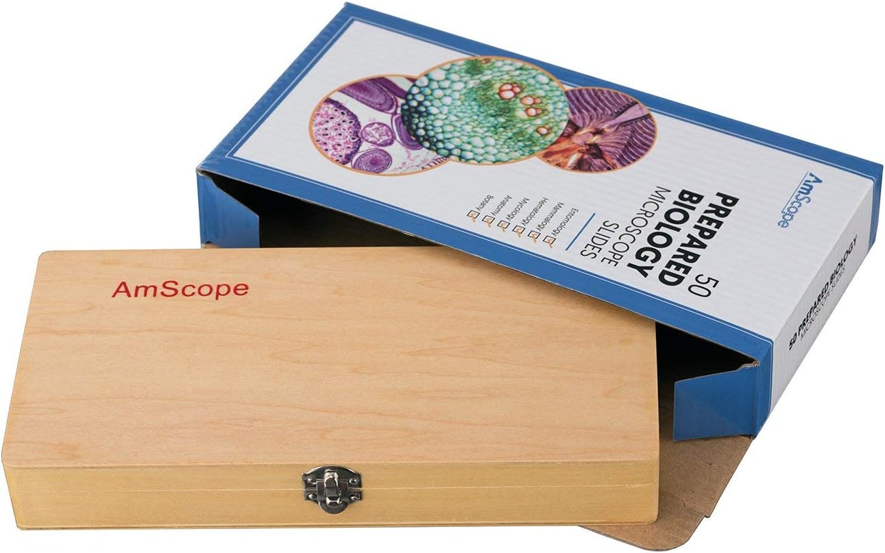AmScope PS50 Prepared Microscope Slide Set for Basic Biological Science Education, 50 Slides, Includes Fitted Wooden Case