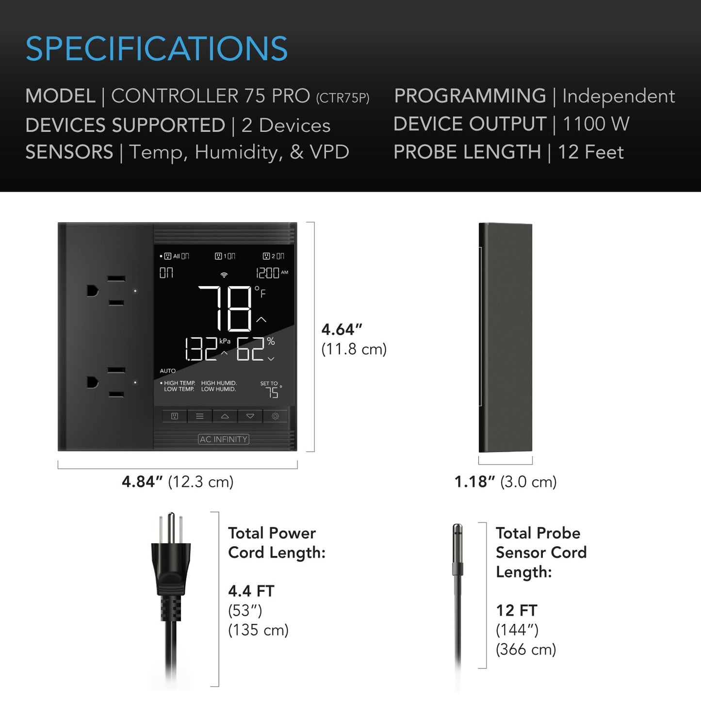 AC Infinity CONTROLLER 79 PRO, WiFi Outlet Controller, Independent Programs for Two Devices, Wall Hang Digital Thermostat with Temperature, Humidity, VPD, & Timer Controls, For Seed Starting Heat Mats