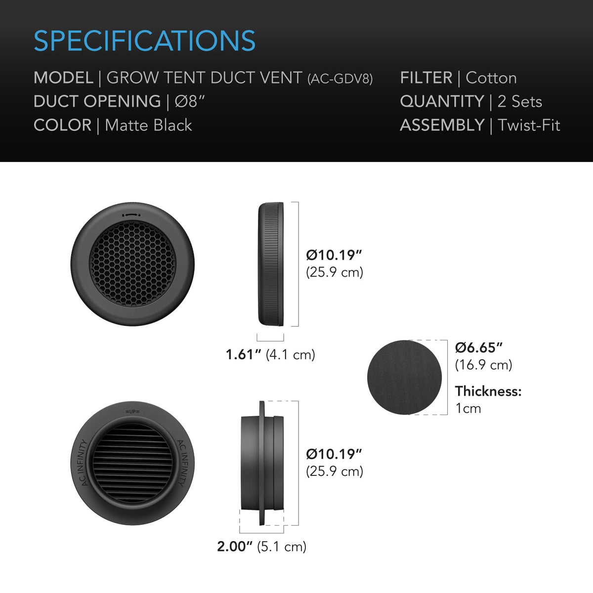 AC Infinity Light-Blocking Grow Tent Duct Vents, Multiple Sizes