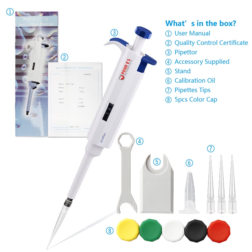 FOUR E'S SCIENTIFIC 100uL-1000uL High-Accurate Single-Channel Manual Adjustable Variable Volume Pipettes
