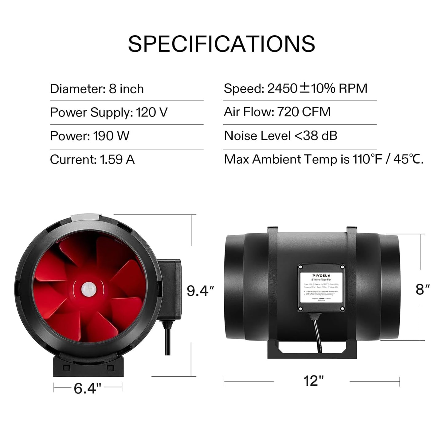 VIVOSUN R4 4 Inch 190 CFM Inline Duct Ventilation Fan with Variable Speed Controller for Grow Tent