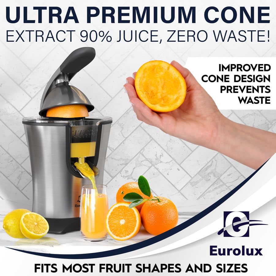 Eurolux Premium Electric Orange Juicer | Stainless Steel Citrus Squeezer With New Ultra-Powerful Motor and Soft Grip Handle for Effortless Juicing, Auto Shutoff, Dishwasher-safe Parts, Pulp Control