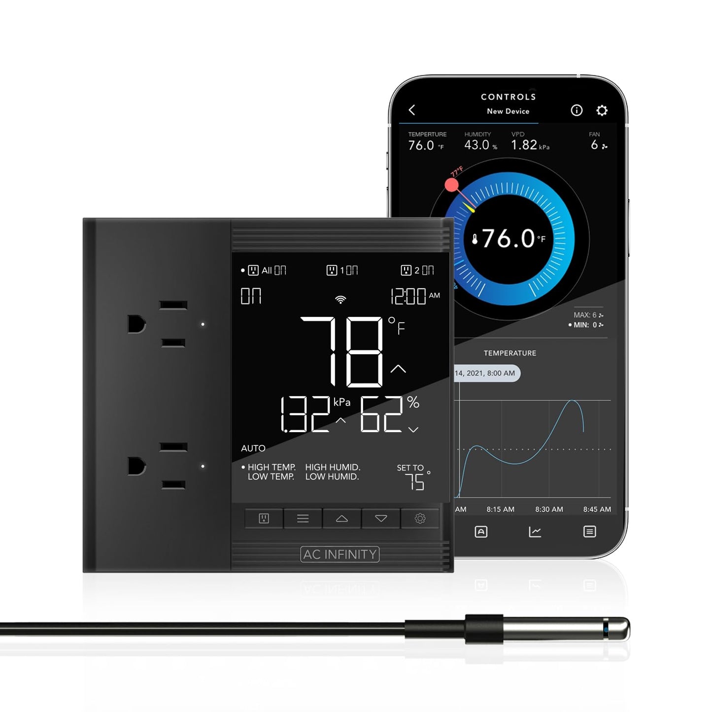 AC Infinity CONTROLLER 79 PRO, WiFi Outlet Controller, Independent Programs for Two Devices, Wall Hang Digital Thermostat with Temperature, Humidity, VPD, & Timer Controls, For Seed Starting Heat Mats