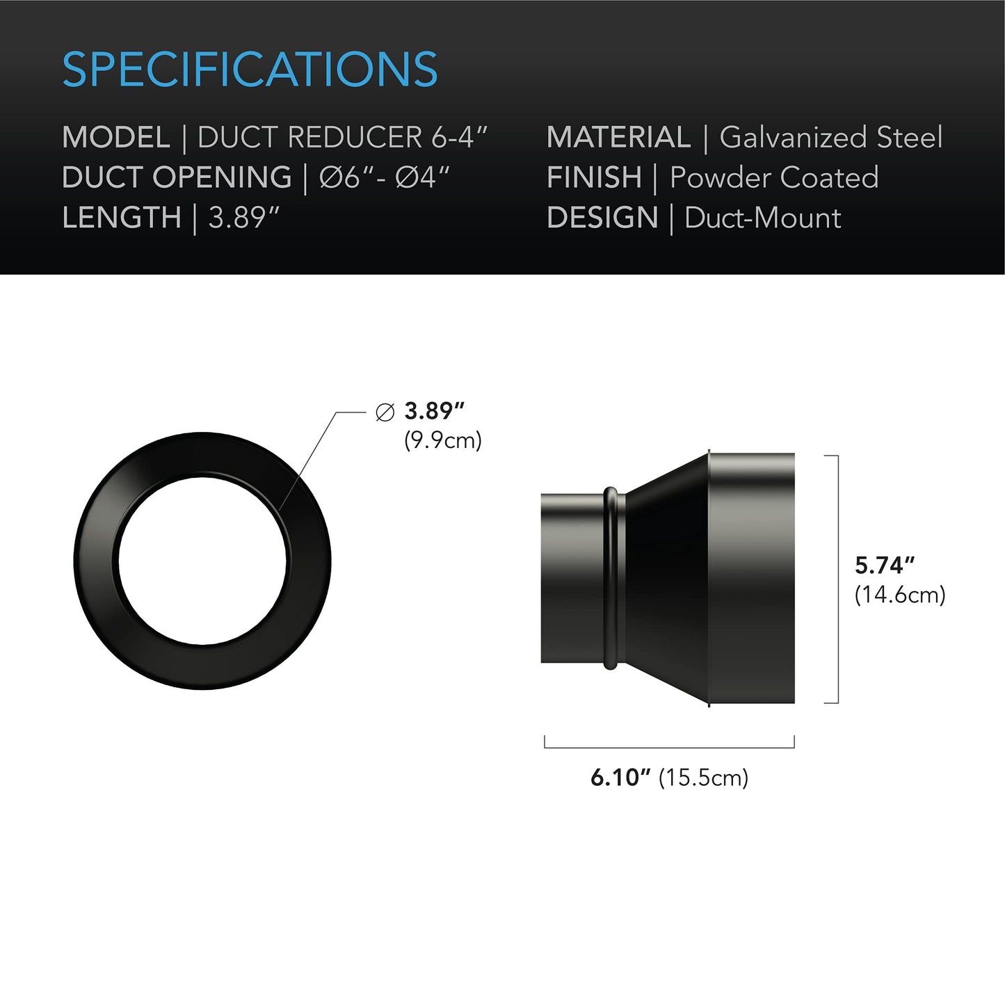 AC Infinity Duct Adapter, 8” to 6” Ducting Reducer Increaser Cone for Grow Tent Bathroom Kitchen Ventilation Systems