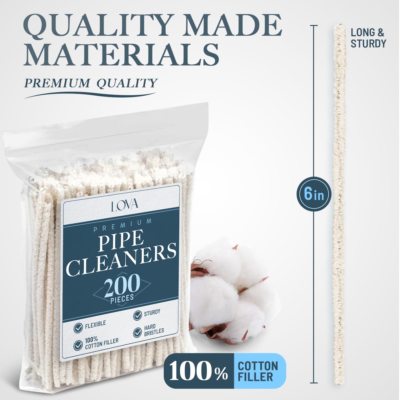 Lova Pipe Cleaners Bulk (200 Hard Bristle) Easily Cleans, Glass Pipe Cleaner for Cleaning, Arts and Crafts, Glass Pipes, Pipecleaners, Chenille Stems, (6 Inchs), 100% Cotton, Steel Wire, White