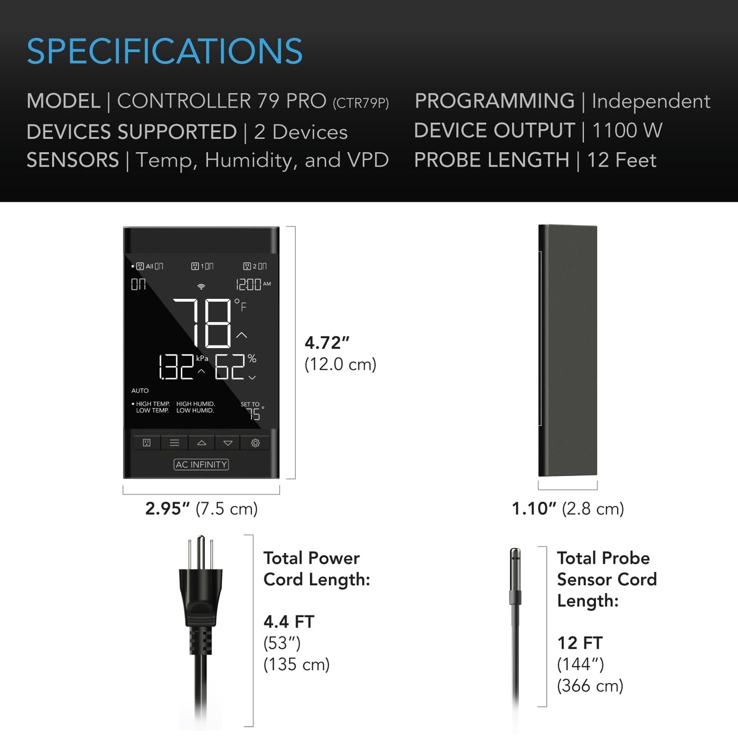 AC Infinity CONTROLLER 79 PRO, WiFi Outlet Controller, Independent Programs for Two Devices, Wall Hang Digital Thermostat with Temperature, Humidity, VPD, & Timer Controls, For Seed Starting Heat Mats