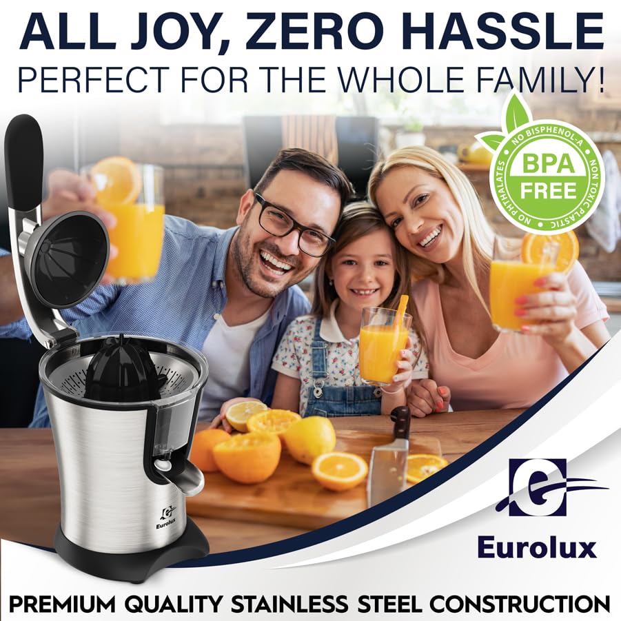 Eurolux Premium Electric Orange Juicer | Stainless Steel Citrus Squeezer With New Ultra-Powerful Motor and Soft Grip Handle for Effortless Juicing, Auto Shutoff, Dishwasher-safe Parts, Pulp Control