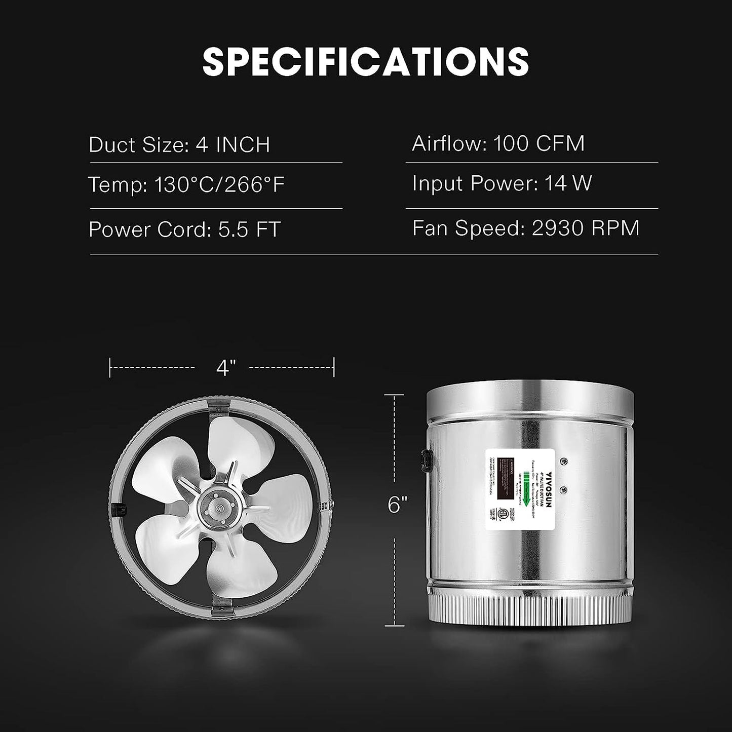 VIVOSUN 6 Inch Inline Duct Fan 240 CFM, HVAC Exhaust Ventilation Fan with Low Noise for Basements, Bathrooms, Kitchens and Attics, Silver