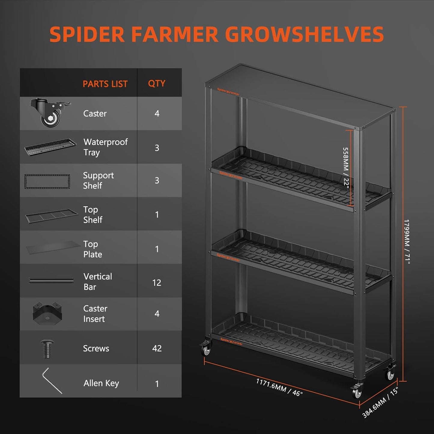 Spider Farmer 16L Humidifier with 3-Tier Plant Stand Waterproof Tray Metal Shelf 46Lx15Dx70H